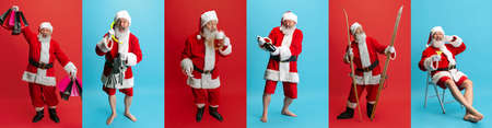 Collage of full-length portraits of Santa Claus posing isolated over red and blue backgroundの写真素材