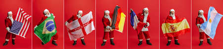 Collage of full-length portraits of Santa Claus posing with counties flags isolated over red backgroundの写真素材