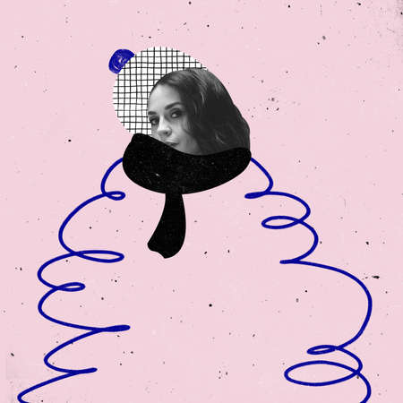 Contemporary art collage of woman with drawn winter cloth elemets isolated over pink background. Concept of winter seasonの写真素材