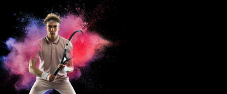 Creative collage of young man, professional tennis player training isolated over colorful powder...