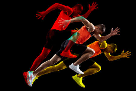 Creative collage of man, professional athlete, runner isolated over black background. Glitch and duotine effectの写真素材
