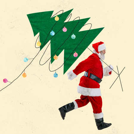 Contemporary art collage of Santa carrying decorated Christmas tree isolated over pastel backgroundの写真素材