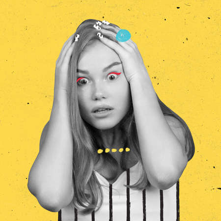 Contemporary art collage of young shocked woman with drawn cloth and accessories elements isolated...