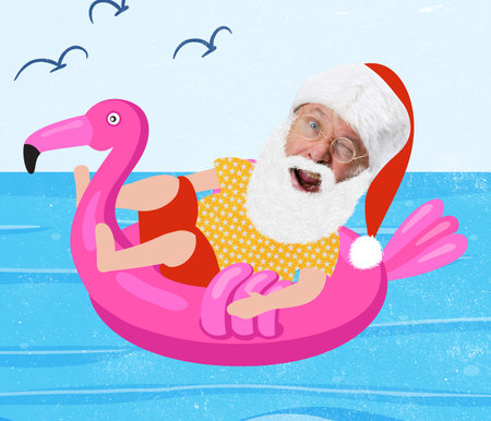 Contemporary art collage of joyful Santa in swimming circle and holiday hat isolated over ocean backgroundの写真素材