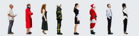 Collage of different people looking right side and standing in a line isolated over white background