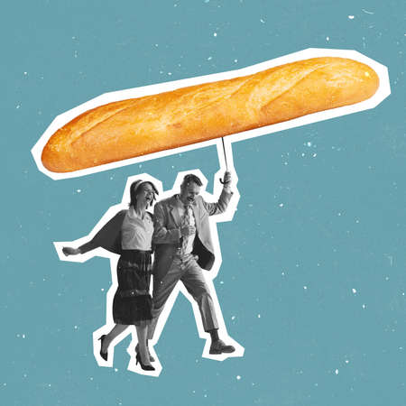 Contemporary art collage joyful young couple, man and woman walking under rain with baguette, bread umbrella isolated over blue backgroundの写真素材