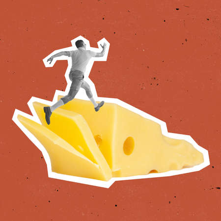 Contemporary art collage of active man running on cheese slices isolated over red backgroundの写真素材