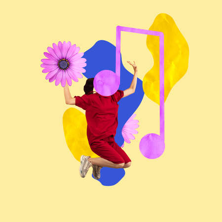 Contemporary art collage of jumping woman over treble clef, flower and colorful spots yellow background. Music lifestyleの写真素材