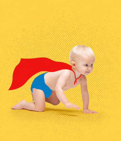 Contemporary art collage of little bay, girl kid in red cloak crawling isolated over yellow backgroundの写真素材