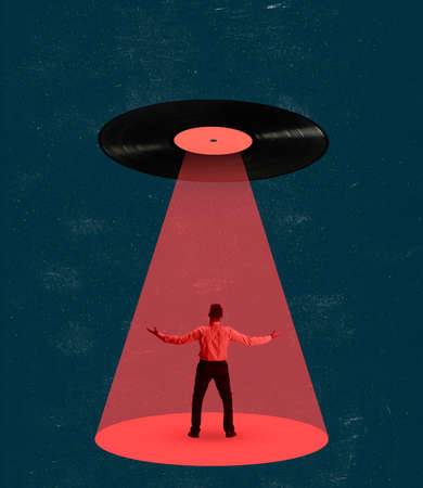 Contemporary art collage of man in the red spotlight from vinyl record isolated over blue background