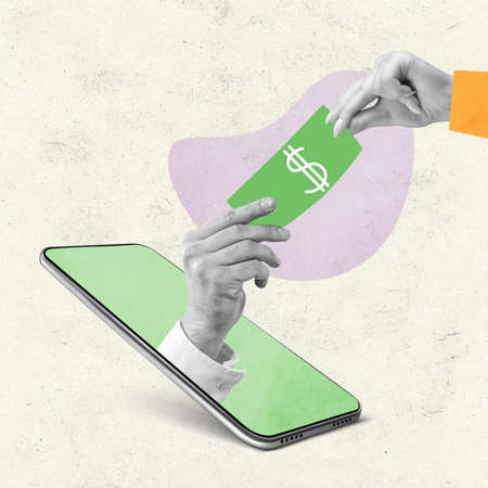 Contemporary art collage of hands passing money sticking out of phone screen isolated over white background. Online paymentsの写真素材