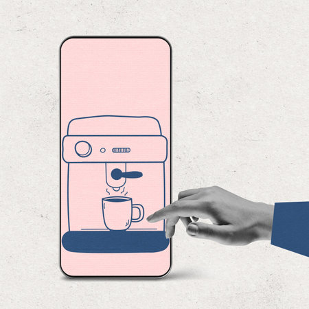 Contemporary art collage of male hand turning on coffee maker on shone screen isolated over white background. Buying onlineの写真素材