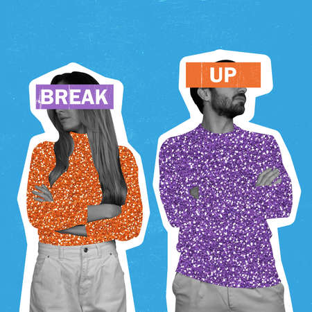 Contemporary art collage of young couple suffering from break up isolated over blue background. Eyes hidden behind textの写真素材