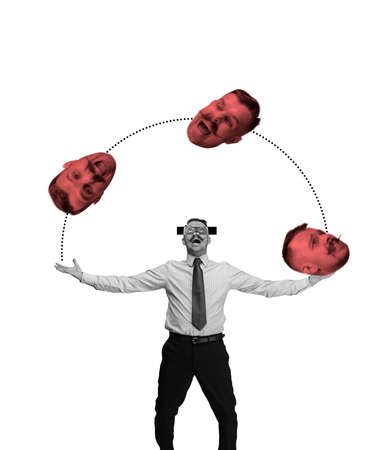 Comtemporary art collage. Creative design of man juggling heads isolated over white background. Choosing moodの写真素材