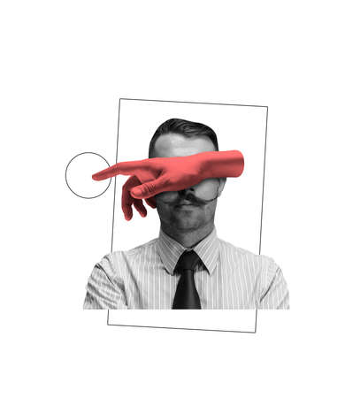 Contemporary art collage of man isolated over white background. Statue hand covering eyes symbolizing change of prioritiesの写真素材