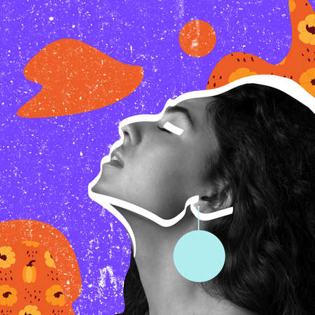 Contemporary art collage of passionate beautiful woman overlined with white line isolated on purple background with orange elementsの写真素材