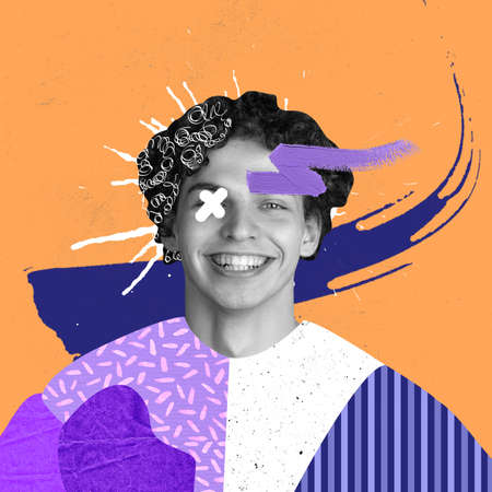 Contemporary art collage of young cheerful man with drawn cloth and hair elements isolated over orange backgroundの写真素材