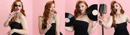 Collage of portrait of young beautiful jazz singer posing isolated over pink backgroundの写真素材