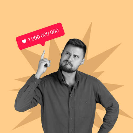 Modern art collage of man thinking about social media popularity growth isolated over yellow backgroundの写真素材