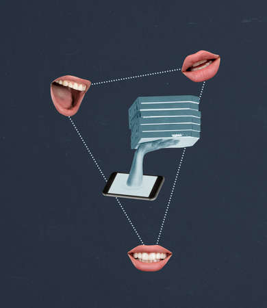 Contemporray art collage of human hand sticking out phone screen with pizza boxes isolated over dark blue backgroundの写真素材