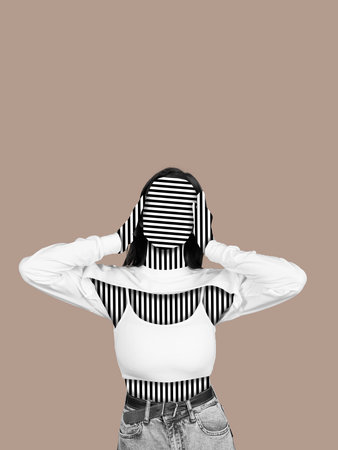 Contemporary art collage of young girl posing isolated over brown background. Faceless, blank spaceの写真素材