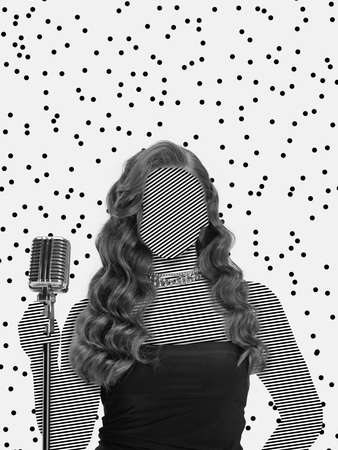 Contemporary art collage of female jazz singer blank face space, faceless isolated over white backgroundの写真素材