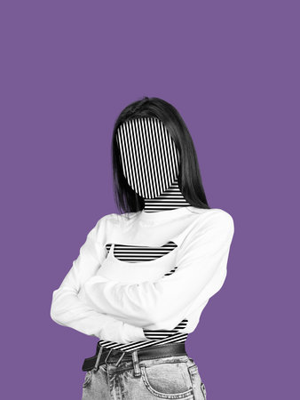 Contemporary art collage of woman with faceless part isolated over purple background