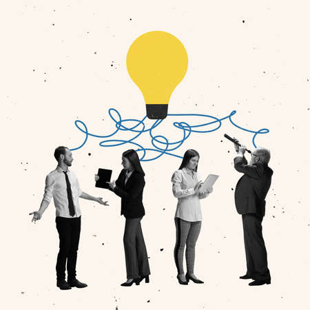 Contemporary art collage, creative design. Group of people, employees generating business ideasの写真素材