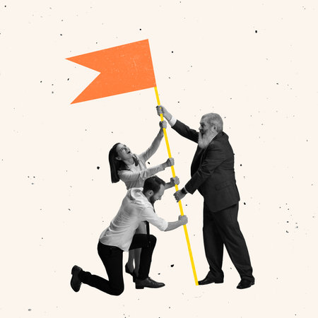 Creative contemporary art collage of people holding winning flag symbolizing successの写真素材