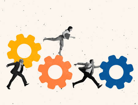Contemporary art collage of people, employee connecting mechanism symbolizing team workの写真素材