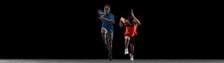 Collage of two professional athletes training, running isolated over black background. Flyer