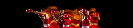 Collage of professional boxer in motion, training isolated over black background with mixed lights