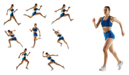 Collage of portraits of sportive young woman, professional athelete running, training isolated over...