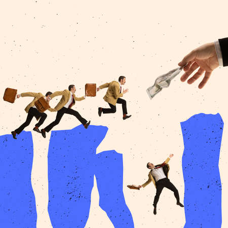 Creative design. Group of businessmen running to catch a money bill and falling down the cliffの写真素材