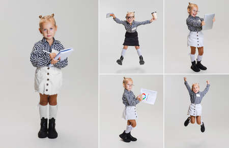 Collage of portraits of cute little girl posing isolated over gray studio backgroundの写真素材