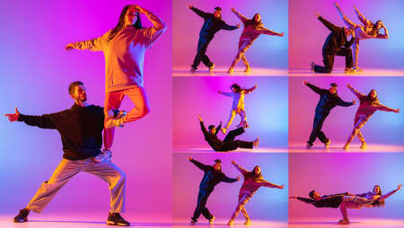 Collage of young couple, dancing contemporary dance on gradient pink purple background in neon light