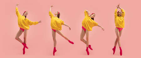 Colorful collage. Young artistic girl in bright cloth dancing ballet isolated over pink background