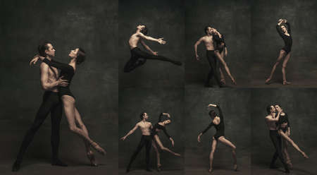 Collage. Beautiful young couple, ballet dancer performing isolated over dark vintage background