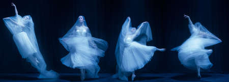 Collage of tender ballerina in beautiful white dress dancing isolated over dark background in neonの写真素材