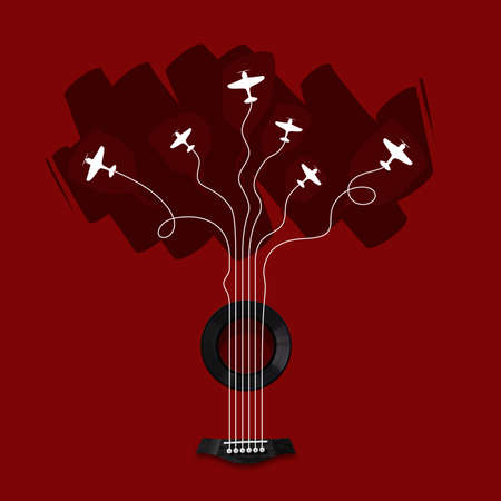 Contemporary art collage of guitar strings making lovely sounds isolated over red background
