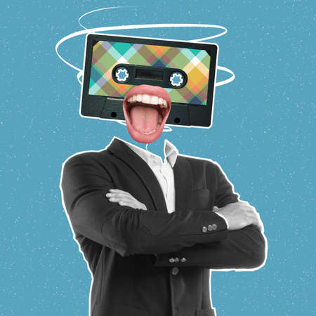 Contemporary art collage of man in a suit with retro cassette head isolated over blue background