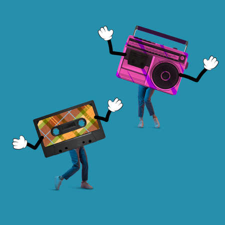 Contemporary art collage of retro cassette and record player dancing isolated over blue background