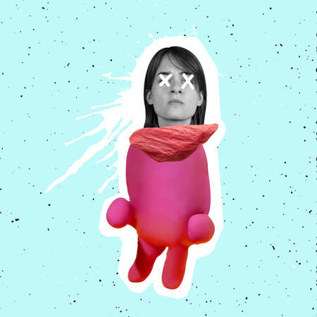 Contemporary art collahe. Woman in rubber glove isolated over mint backgroundの写真素材