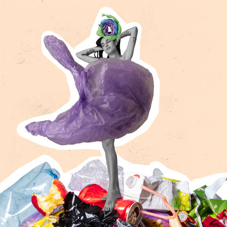 Contemporary art collage of young girl standing into plastic bags and garbage isolated over beige...