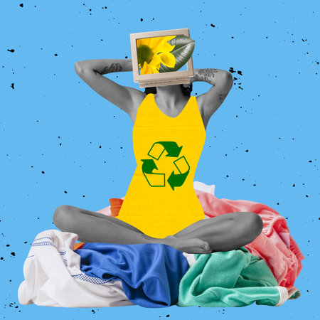 Contemporary art collage of young girl sitting on colorful cloths isolated over blue background. Recyclingの写真素材