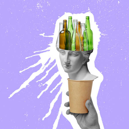 Contemporary art collage of antique statue with glass bottles isolatd over purple background. Cardboard cup importanceの写真素材