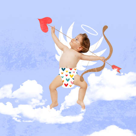 Creative art collage of little boy, toddler in diaper in character of Cupid sending love arrows...
