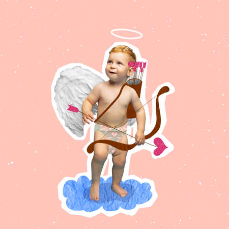 Contemporary art collage of little boy, child in character of Cupid spreading love on Valentines day...
