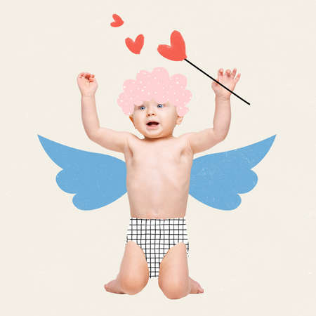 Creative artwork. Contemporary design. Toddler girl, little Cupid with angel wings isolated over white backgroundの写真素材