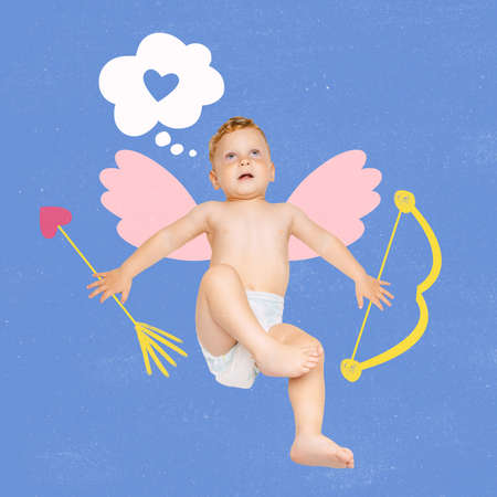 Creative art collage of little boy, toddler in diaper in character of Cupid sending love arrows isolated over blue backgroundの写真素材